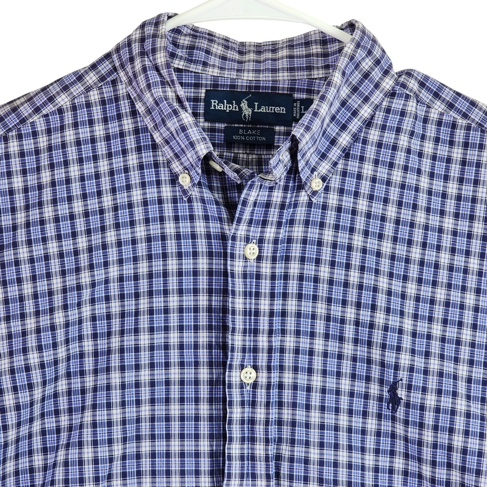 Ralph Lauren Blake Button Down Shirt Mens L Blue White Plaid Short Sleeve Preppy